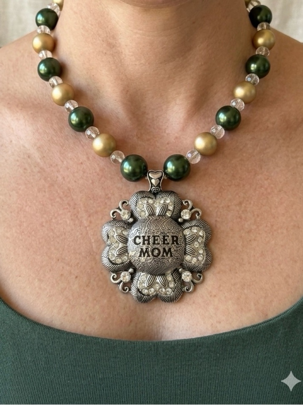 Vibrant "Cheer Mom" Statement Necklace - Green & Gold Large Bead Necklace 20”L